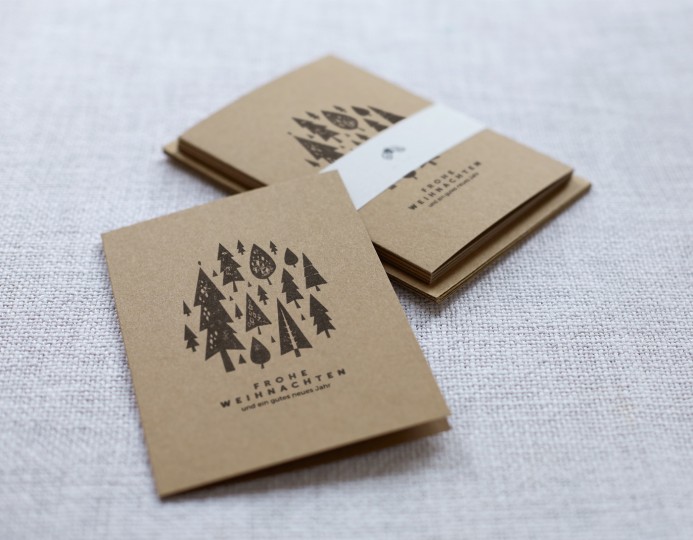 Handbedruckte Weihnachtskarten 5er Set "Wald" 